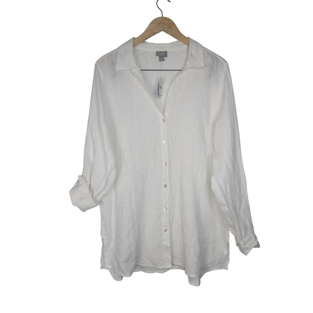 NWT J. Jill White Linen Textured Button Down Tunic Lagenlook Coastal Minimalist